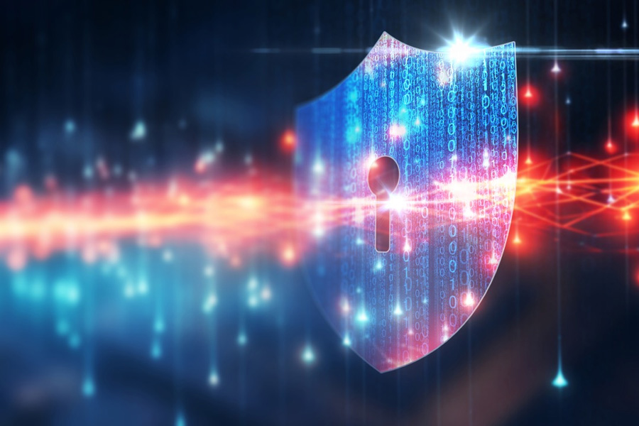 A digital illustration of a glowing cybersecurity shield with a keyhole, overlaid with binary code and surrounded by blue and red light streams on a dark background.